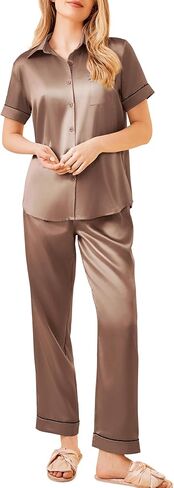 Ekouaer Silky Stain Pajamas Set for Women 2 Piece Short Sleeve PJs Button Down Sleepwear Loungewear S-XXL in Saudi Arabia