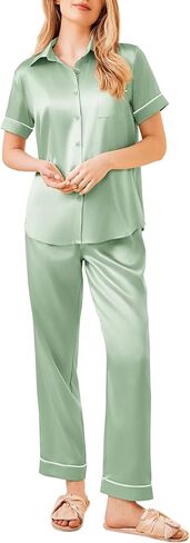 Ekouaer Silky Stain Pajamas Set for Women 2 Piece Short Sleeve PJs Button Down Sleepwear Loungewear S-XXL in Saudi Arabia