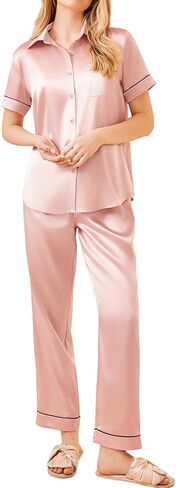 Ekouaer Silky Stain Pajamas Set for Women 2 Piece Short Sleeve PJs Button Down Sleepwear Loungewear S-XXL in Saudi Arabia