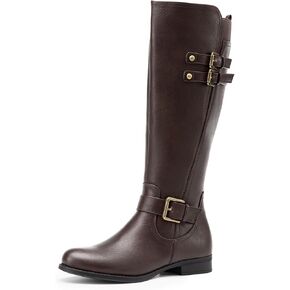 DREAM PAIRS Women's Knee High Riding Pirate Boots, Comfortable Low Chunky Heel Flat Motorcycle Buckle Boots for Women