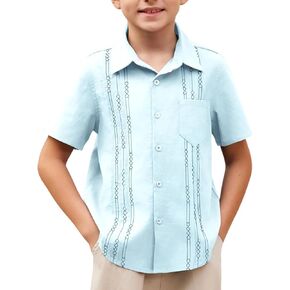 قميص Arshiner Boys من القطن والكتان الكوبي Guayabera قميص كاجوال بأكمام قصيرة وأزرار سفلية قمصان صيفية للشاطئ in Kuwait