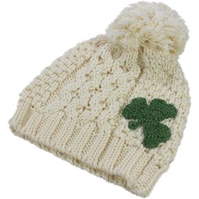 Traditional Craft Kids Knitted Bobble Hat with Green Embossed Shamrock Design,Cream,1/2