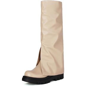 Wide Mid Calf Boots For Women Knee High Boots Buckle Strappy Thick Heels Short Booties Fold Over Platform Shark Boots