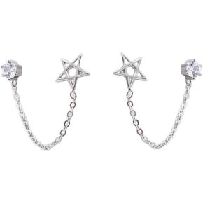 Round CZ Star Double Piercing Earrings 925 Sterling Silver Tassel Chain Dangle Drop Crystal Stud Earring for Women Girls Fashion Unique 2 Ear Holes Hypoallergenic Birthday Christmas BFF Jewelry Gifts