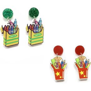Teacher Earrings Wooden Crayons Pencil Drop Dangle Earring for Teachers Creative Cute Crayon Pencil Ruler Crayon Box Stud Earring Teachers Appreciation Day Jewelry Gifts Back to School-2 pairs
