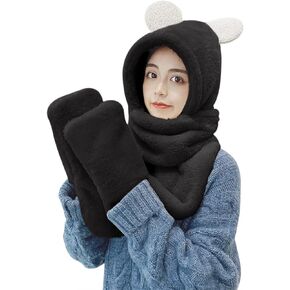 Women Girls Lovely Cartoon Bunny Ears Hat Scarf Gloves 3-in-1 Set Plush Fluffy Warm Hoodie Hat with Scarf Pocket Mitts