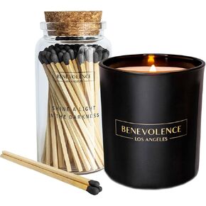 Benevolence LA Rose & Sandalwood Scented Candles and Midnight Black Decorative Matches in a Jar, Gift Set for Men and Women, Fall Candles (Candle & Matches, Gift Set)