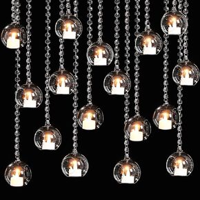 17 Pcs 3.15'' Hanging Glass Tealight Holder Globe and Clear K9 Crystal Garland Strands, Hanging Glass Terrarium Glass containers for Wedding Party Tree Decoration