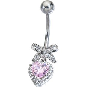 Peach Heart Bow Stainless Steel CZ Dangle Navel Piercing Barbell Belly Button Rings For Women