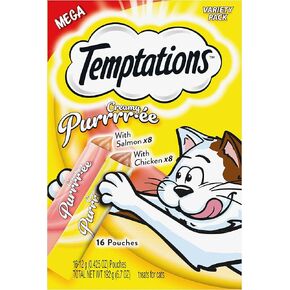 Temptations Creamy Puree with Chicken and Salmon Variety Pack of Lickable, Squeezable Cat Treats, 0.42 Oz Pouches, 16 Count