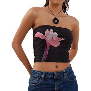Women Floral Print Tube Top Y2k Strapless Sleeveless Top Vintage Backless Bandeau Summer Going Out Crop Top Beachwear