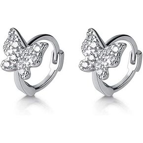 Dainty CZ Butterfly Tiny Cartilage Hoop Earrings for Women Girls 925 Sterling Silver Cubic Zirconia Small Petite Huggie Hoops 6mm Cuff Wrap Piercing Stud Earring Fashion Cute Jewelry (Silver)
