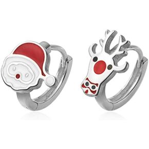 Santa Claus and Reindeer Small Sleeper Hoop Earrings Fashion Elk Deer Enamel 11mm Round Huggie Hoops Cartilage Earring Holiday Xmas Christmas Jewelry Gifts for Women Teen Girls Sensitive Ears