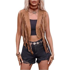 GORGLITTER Women's Fringe Vest 70s Cowgirl Faux Suede Western Hippie Crop Cardigan