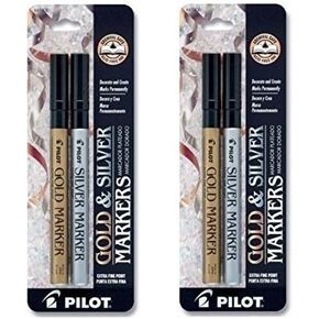 Pilot Gold and Silver Metallic Permanent Paint Markers, Extra Fine Point, 2 Packs Each with a set of 2 Markers (41400)