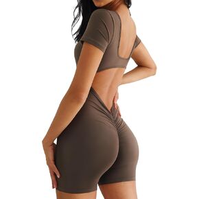 QOQ Womens Workout Jumpsuits Shorts Sleeve Square Neck Backless One Piece Bodycon Scrunch Butt Yoga Rompers