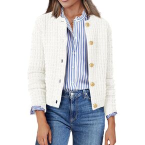 Zeagoo Women's 2024 Knit Cardigan Sweaters Long Sleeve Open Front Button Down Crew Neck Tweed A-White