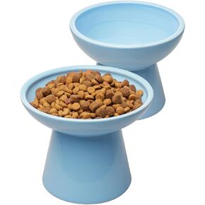 2 Extra Wide Raised Cat Food Bowl, Elevated Cat Bowls Anti-Vomiting Cat Feeder Whisker Stress-Free, Two Different Depth Bowls Ceramic Cat Dog Feeding Bowls, White
