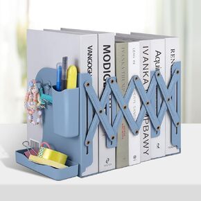 نهايات كتب قابلة للتعديل، نهايات كتب معدنية للأرفف، كتب ثقيلة، منظم ملفات المجلات المكتبية للمنزل والمكتب والكتب والأوراق مع خطاف قابل للإزالة، حامل أقلام (أزرق داكن)