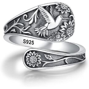 Spoon Ring Sterling Silver Hummingbird Ring Vintage Antique Spoon Rings Adjustable Thumb Rings for Women