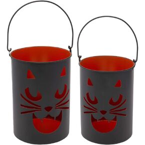 Boston International Candle Holders Halloween Luminary Pails Metal Candle Holder Set, 2-Count, Black Cat