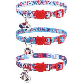 Breakaway Cat Collars with Bell & Cute Pendants - 3 Pack American Flag Adjustable Safety Kitten Collars for Girl Boy Cats Puppy and Small Pets