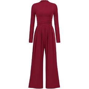 PRETTYGARDEN Women's Jumpsuit Dressy Casual One Piece Outfits Long Sleeve Mock Neck Wide Leg Pants Rompers