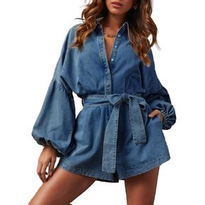 Lantern Long Sleeve Denim Romper for Women Elastic Waist Tie Front Jean Jumpsuit Short Playsuits