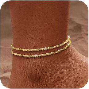 Tasiso Gold/Silver Ankle Bracelets for Women,14K Gold Anklets for Women Waterproof Sparkly Chain Rhinestone Anklets Set Stackable Layered Anklet Bracelets for Women Beach Gold Jewelry Gift