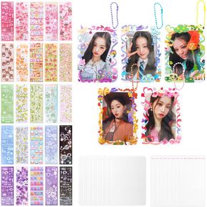 Whaline 145Pcs Kpop Photocard Holder with Stickers Transparent Card Sleeves DIY Photo Card Protector Kit Trading Cards Protector Card Holder Keychains for School Office Card Supplies Girls Women Gift