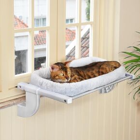 Window Sill Mount Cat Perch for Indoor Cats, One-Step Sliding Clamping Slot Adjustment Cat Hammock with Removable Two Fabrics Cover, No Suction Cups Cat Bed for Windowsill & Bedside (Medium)