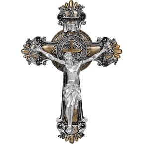 Saint St Benedict Crucifix Medal 2 Tone Wall 10 1/4 Inches, St Benedict Medals Crucifix Wall Cross Large, Hanging Catholic Jesus Christ Cross Wall Decor Religious Gifts, Cruz Del Medalla De San Benito