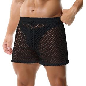 Mens Fishnet Boxer Shorts See Through Mesh Loose Shorts Lounge Underwear Boxer Trunks