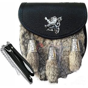 Scottish Kilt Semi Dress Grey Rabbit Sporran with Rampant Lion & Tassels Caps