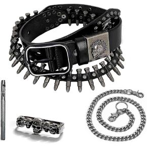 Full Bullet Rivet Belt Mens Real Leather Belt Punk Rocker Party Waistband With Biker Chain