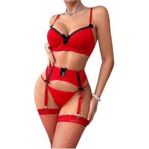 Women's Lingerie Set Bow Underwire Bralettes Bra Thongs with Garter Belt Fishnet Stockings 5 Piece Set
