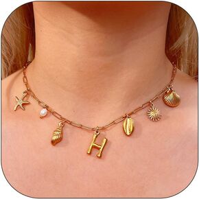 Gold Initial Charm Necklace for Women Gold Shell Starfish Necklace Summer Beach Charms Necklaces for Women Beach Jewelry Gift