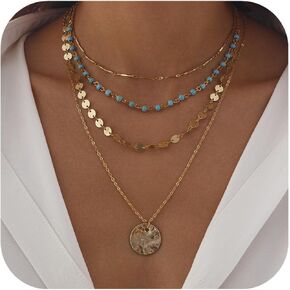 Gold Layered Necklaces for Women Boho Turquoise Stack Necklace Long Y Shape Western Necklaces Bohemian Coin Pendant Necklace For Country Concert Beach Jewelry Gift