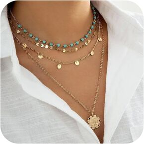 Gold Layered Necklaces for Women Trendy Boho Necklaces Turquoise Necklace Gold Coin Pendant Necklace Layered Country Necklaces Western Country Concert Jewelry Outfit
