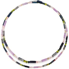 Long Beaded Necklace for Women 40",Double Layered Gemstone Choker Trendy Womens Y-Shape Necklaces, Boho Jewelry Multicolor Rectangle Stone and Round Beads Quartz