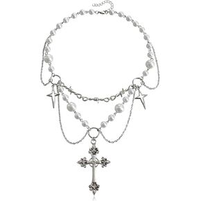 Gothic Pearl Cross Necklace for Women Chic Coquette Aesthetic Baddie Irregular Pearl Cubic Zirconia Cross Pendant Necklace Vintage Y2K Layered Statement Choker Bride Wedding Prom Dress Jewerly