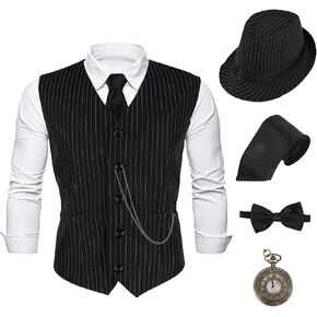 1920s Mens Gatsby Gangster Costume five-piece set Hat,Vest,Vintage Pocket Watch,Bow tie,tie