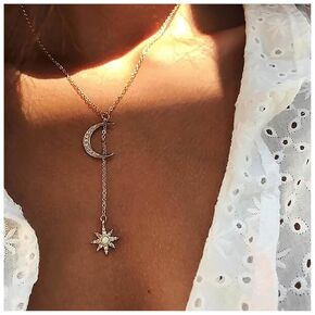 Bohemian Crystal Moon Pendant Necklace Cz Northstar Y Lariat Necklace Chain Gold Rhinestone Star Necklace Crystal Y Drop Chain necklace Jewelry for Women and Girls