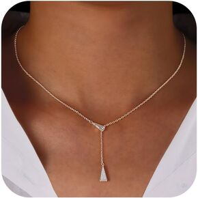Triangle Necklace for Women, 925 Sterling Silver Dainty Geometric Shapes Necklace Triangle Cubic Zirconia Pendant Y shaped Necklace Aesthetic Simple Necklace Mother's Day Graduation Jewelry Gifts for Her 17.91"