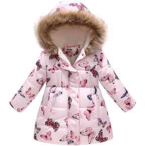 Girl Winter Dress Coats Faux Fur Hood Fleece Jacket Warm Waterproof Floral Parka