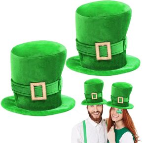 2 Pack Green Top Hats Leprechaun Hat with Buckle for Women Men Couple Adult St. Patrick's Day Party Costume Hat Irish Parde