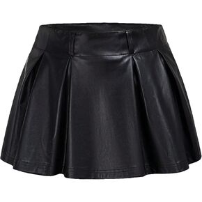 SweatyRocks Women's PU Leather A Line Mini Skirt Flared Hem Pleated Skirts with Shorts