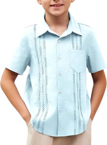 قميص Arshiner Boys من القطن والكتان الكوبي Guayabera قميص كاجوال بأكمام قصيرة وأزرار سفلية قمصان صيفية للشاطئ in Saudi Arabia