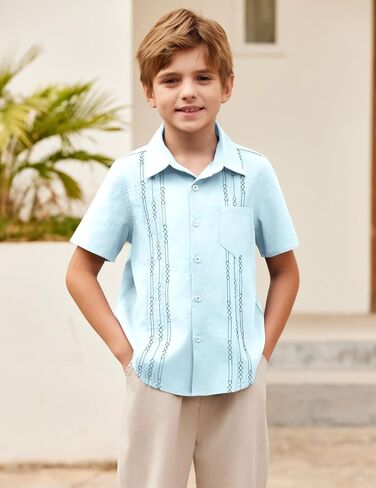 قميص Arshiner Boys من القطن والكتان الكوبي Guayabera قميص كاجوال بأكمام قصيرة وأزرار سفلية قمصان صيفية للشاطئ in Saudi Arabia