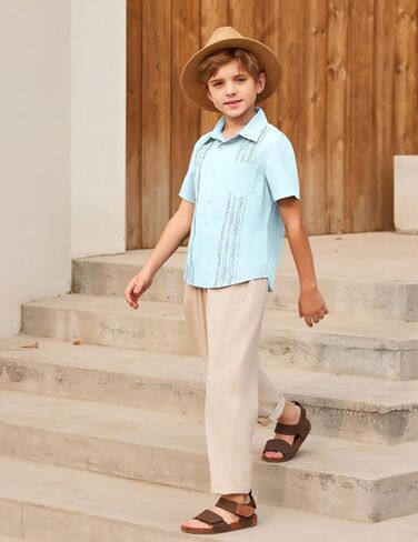 قميص Arshiner Boys من القطن والكتان الكوبي Guayabera قميص كاجوال بأكمام قصيرة وأزرار سفلية قمصان صيفية للشاطئ in Saudi Arabia